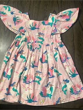 Mini Boden Pink Mermaid Print Flutter-Sleeve Dress with Teal Accents